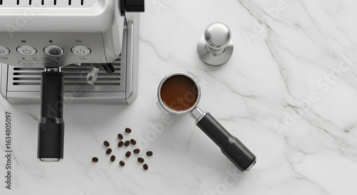 Espresso Portafilter, Ground Coffee and Beans on Marble