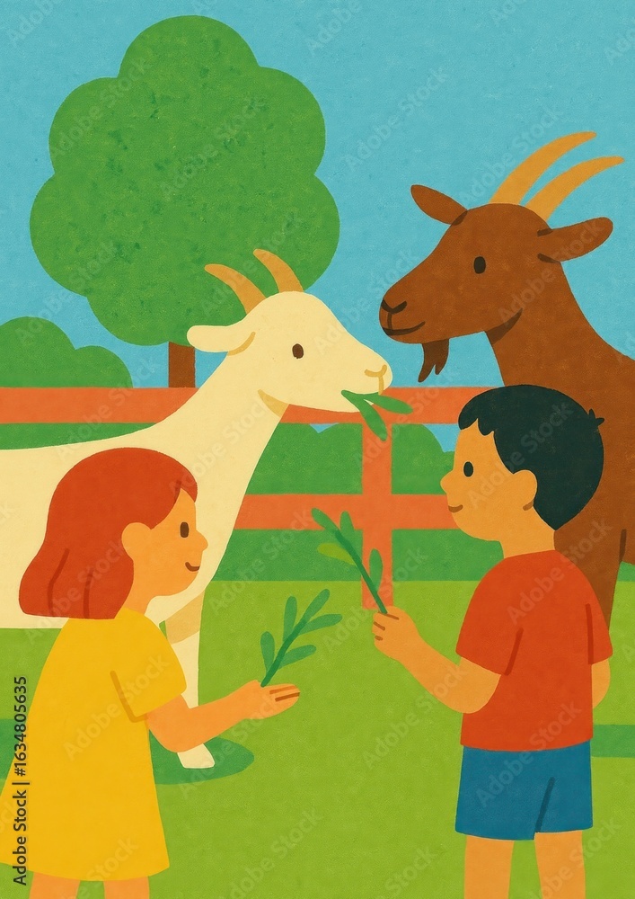 Naklejka premium Children feeding goats happily