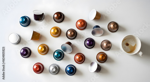 Colorful Coffee Capsules and Espresso Cup Flat Lay