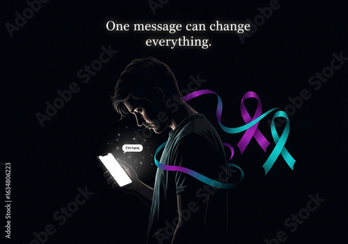for September: Suicide Prevention Month - In darkness, one glowing phone message offers hope. A reminder that connection saves lives during silent struggles. Ideal for Suicide Prevention Month.