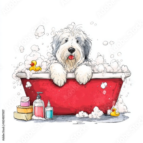 Playful Old English Sheepdog covered in foam leans over the edge of a red claw-foot bathtub with shampoo bottles and rubber ducks in a charming cartoon scene.