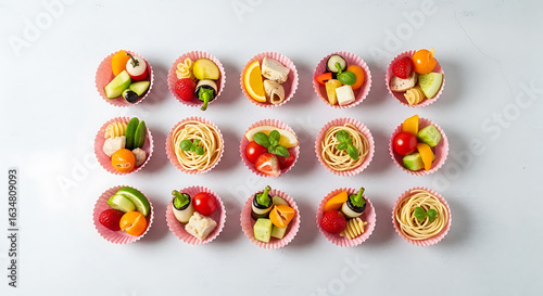 Delectable assortment of miniature culinary creations served in playful cupcake liners composition