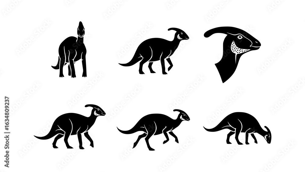 Fototapeta premium Silhouettes of various Parasaurolophus dinosaurs. A classic style illustration of this prehistoric herbivore