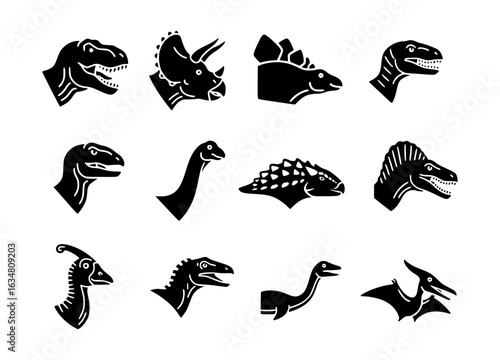 Dinosaurs head silhouettes in different types in black on white