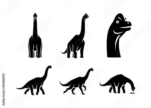 Diverse vector silhouette illustrations of a Brachiosaurus, a majestic dinosaur from the Jurassic period
