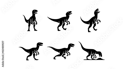 A series of stylized black velociraptor dinosaur silhouettes in various poses