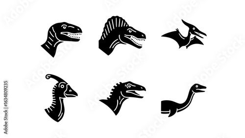 Dinosaurs of different species in a black and white silhouette style. This collection features illustrations of various dinosaurs, perfect for educational resources and creative designs.