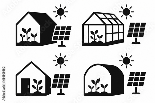 Solar-Powered Greenhouse Silhouettes Vector on White Background