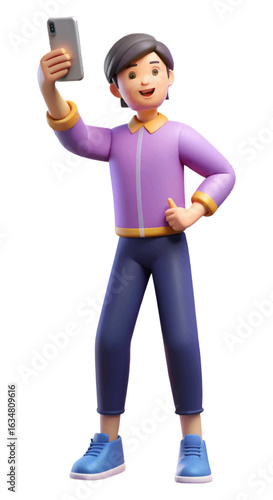 Cheerful young person capturing a happy selfie moment with a smartphone, giving a thumbs up.