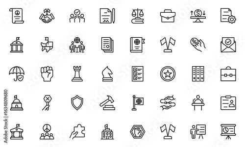 Diplomacy line icons set. Diplomacy outline icons with editable stroke collection. Includes Law, Peace, Trade Relations, Government, Summit and More.