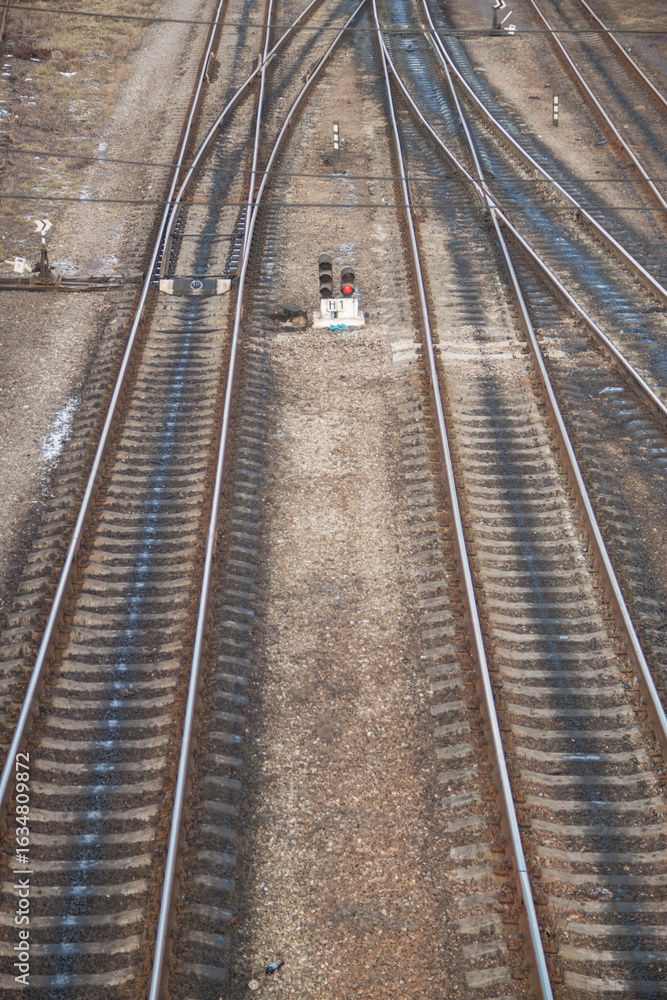 Obraz premium railway tracks. branching fork. switching of route on rails