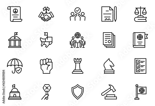 Diplomacy line icons set. Diplomacy outline icons with editable stroke collection. Includes Law, Peace, Trade Relations, Government, Summit and More.
