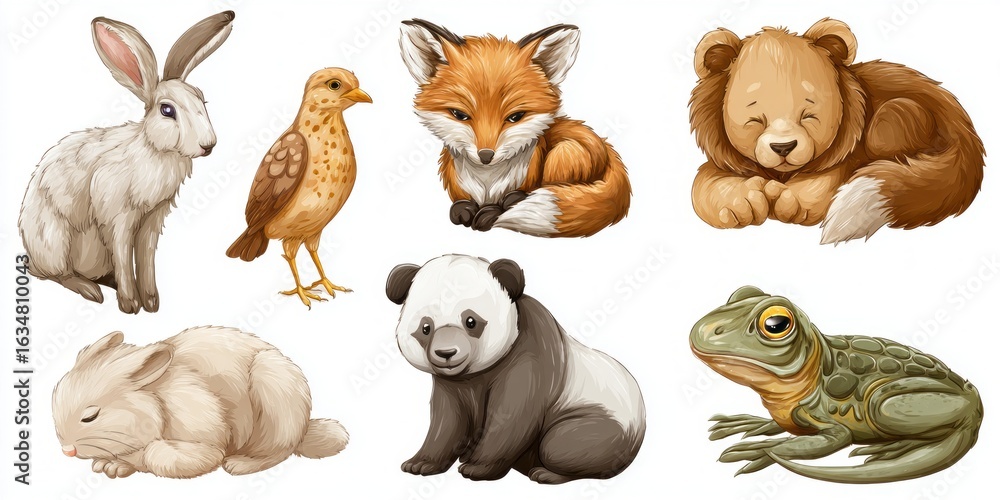 Naklejka premium Cute cartoon forest animal sticker set with rabbit, fox, lion, panda, frog and songbird characters on white background for kids crafts