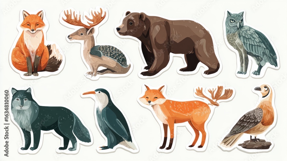 Obraz premium Whimsical forest animal sticker sheet featuring moose, bear, fox, deer and wolf characters in a cute cartoon style on white background