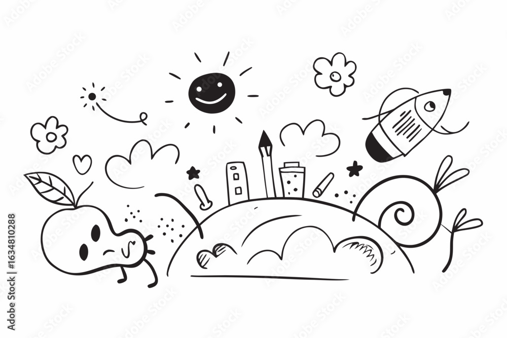 Fototapeta premium Whimsical doodle art captures imagination with pencils, sun, clouds, stars, and playful faces sparking creativity and joy for learning and growth.
