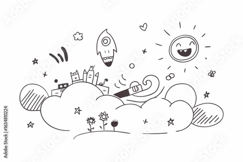 Whimsical doodle art captures imaginative journey with rocket, smiling sun, and floating city on clouds, sparking creativity and wonder for children's books and playful designs