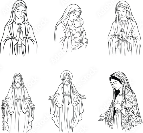 Set of Six Stylized Illustrations Depicting the Virgin Mary in Varied Poses and Attire — Praying, Holding Infant Jesus, Outstretched Arms, and Compassionate Gestures with Robes, Veils,