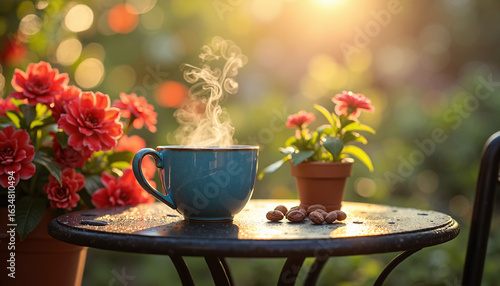 Cup of hot coffee and flowers on a table with morning sunrise. AI Generated