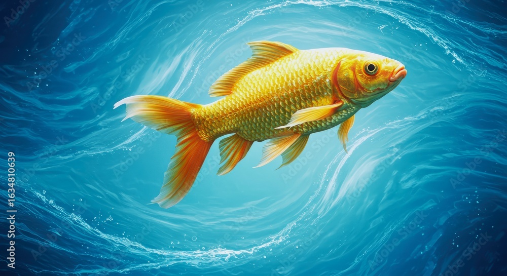 Fototapeta premium Bright orange goldfish swimming gracefully through clear blue water