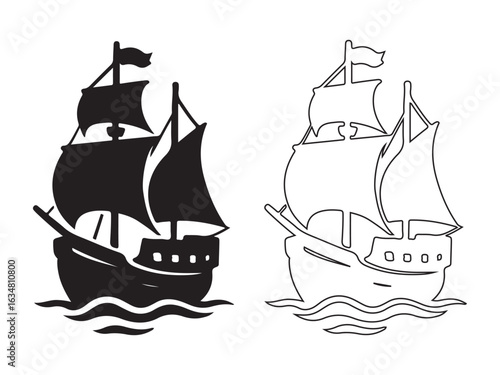 Sailing Ship Silhouette and Line Art