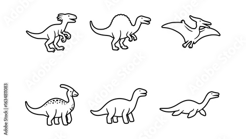 Six Line Art Drawings of Various Dinosaur Species on a White Background. Black outline
