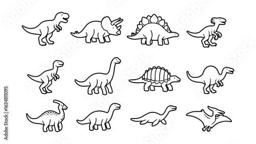 A collection of various dinosaur illustrations, each in a unique pose and style