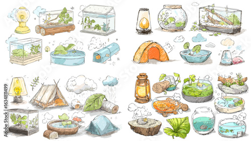 Cute hand-drawn set of aquariums, vivariums, and terrariums with plants, rocks, and miniature landscapes in a playful watercolor style.