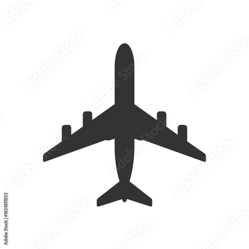 An airplane silhouette in flight, set against a simple backdrop.