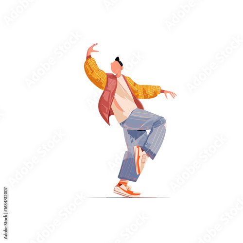 An illustration of a graceful dancer in a colorful outfit showing a dance move.