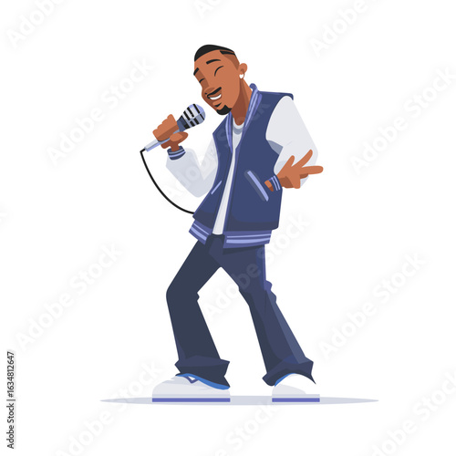A lively illustration of a singer holding a microphone, immersed in his performance.
