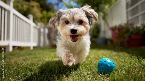 Happy small dog running toward the camera on lush green grass in a sunny suburban backyard with white picket fence and blurred background