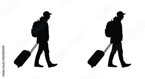 modern detailed professional high quality Two Men Walking with Luggage Silhouettes. flat vector design