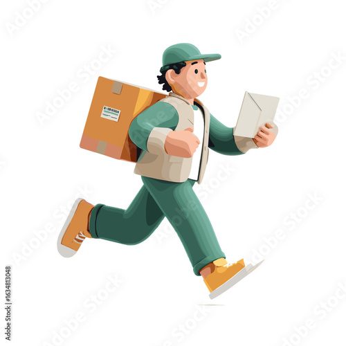 An illustration depicting a delivery person swiftly moving forward with a package and envelope.
