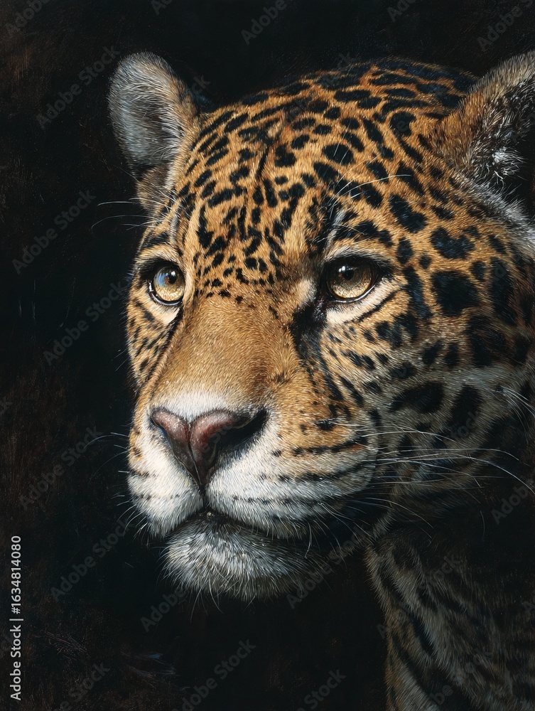 Obraz premium Close-up portrait of a majestic jaguar with golden fur and dark rosette spots staring intensely against a black background