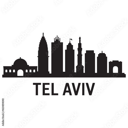 Tel Aviv skyline and landmarks. Vector black silhouette. with white background