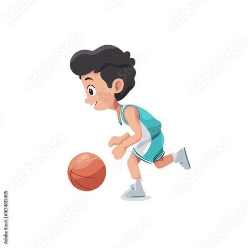 A young boy dribbles a basketball, showcasing enthusiasm for the game.