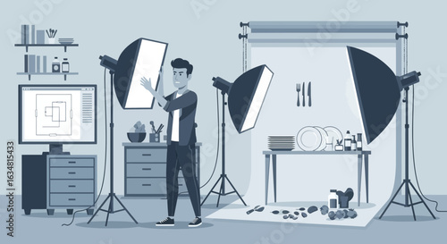 Man Prepares Lighting Equipment For Food Still Life Photography