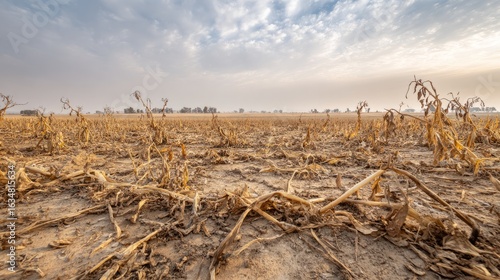 Desolate harvested field with dry crop stubble and cracked soil under a pale hazy sky, depicting severe drought and agricultural stress in rural farmland