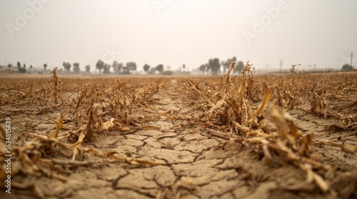 Parched agricultural field with withered corn stalks and cracked dry soil under a hazy sky highlighting severe drought and environmental stress