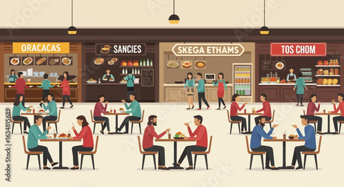Busy Food Court Scene With People Eating At Various Food Stalls