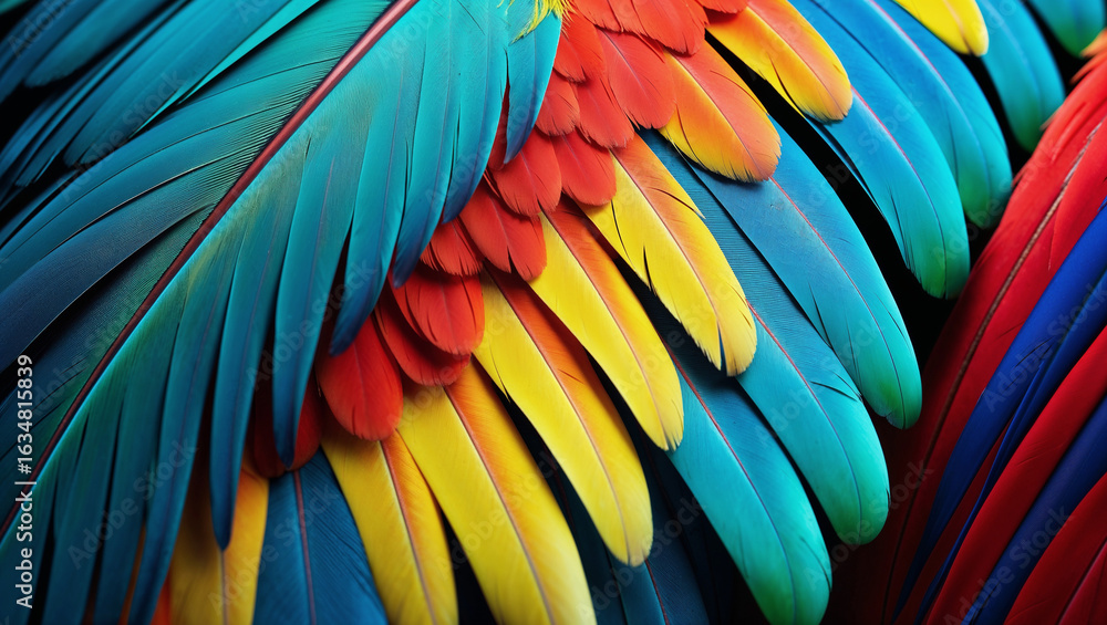 Obraz premium Close-up of colorful macaw feathers. Vivid blue, red, and yellow plumage.