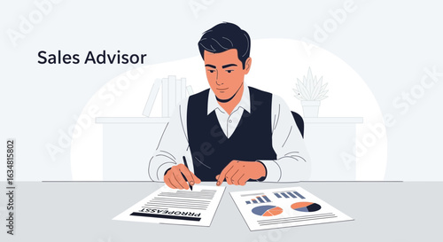 Executive Analyzing Report And Writing Sales Proposal In Office