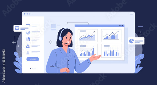 Online Business Presentation With Woman Explaining Data Analysis Charts