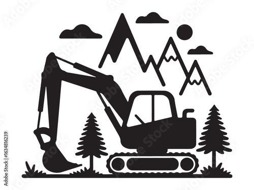 Excavator with mountains and trees in the background, a nature-themed construction design