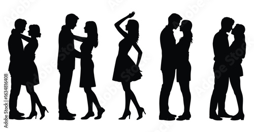 Romantic couple silhouette set featuring five affectionate poses including hugging, kissing, and standing close together on white background