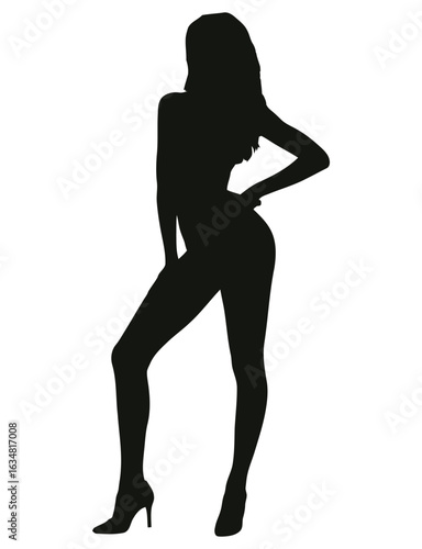 Stylized silhouette of confident woman in heels striking a bold pose with hand on hip and raised arm, isolated on white background
