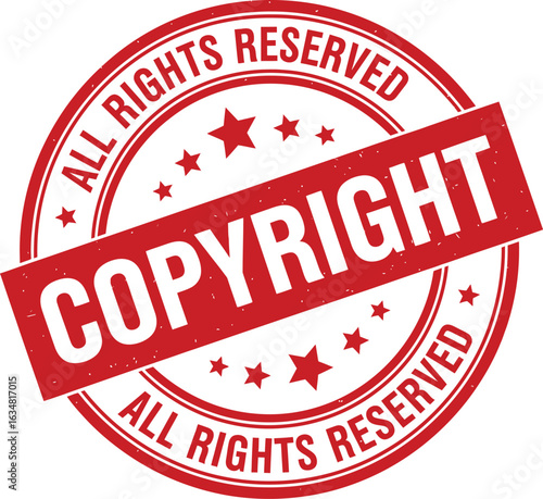 Bold Copyright Stamp Design in Red with Stars and Text on a White Background Represents Intellectual Property