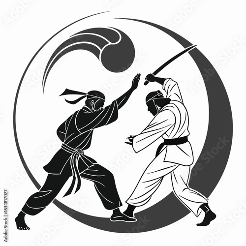Samurai and ninja duel vector emblem. Martial artists fighting with a sword inside a Taegeuk or Yin Yang symbol.

