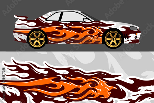 Flying flame pattern sports car sticker wrap design