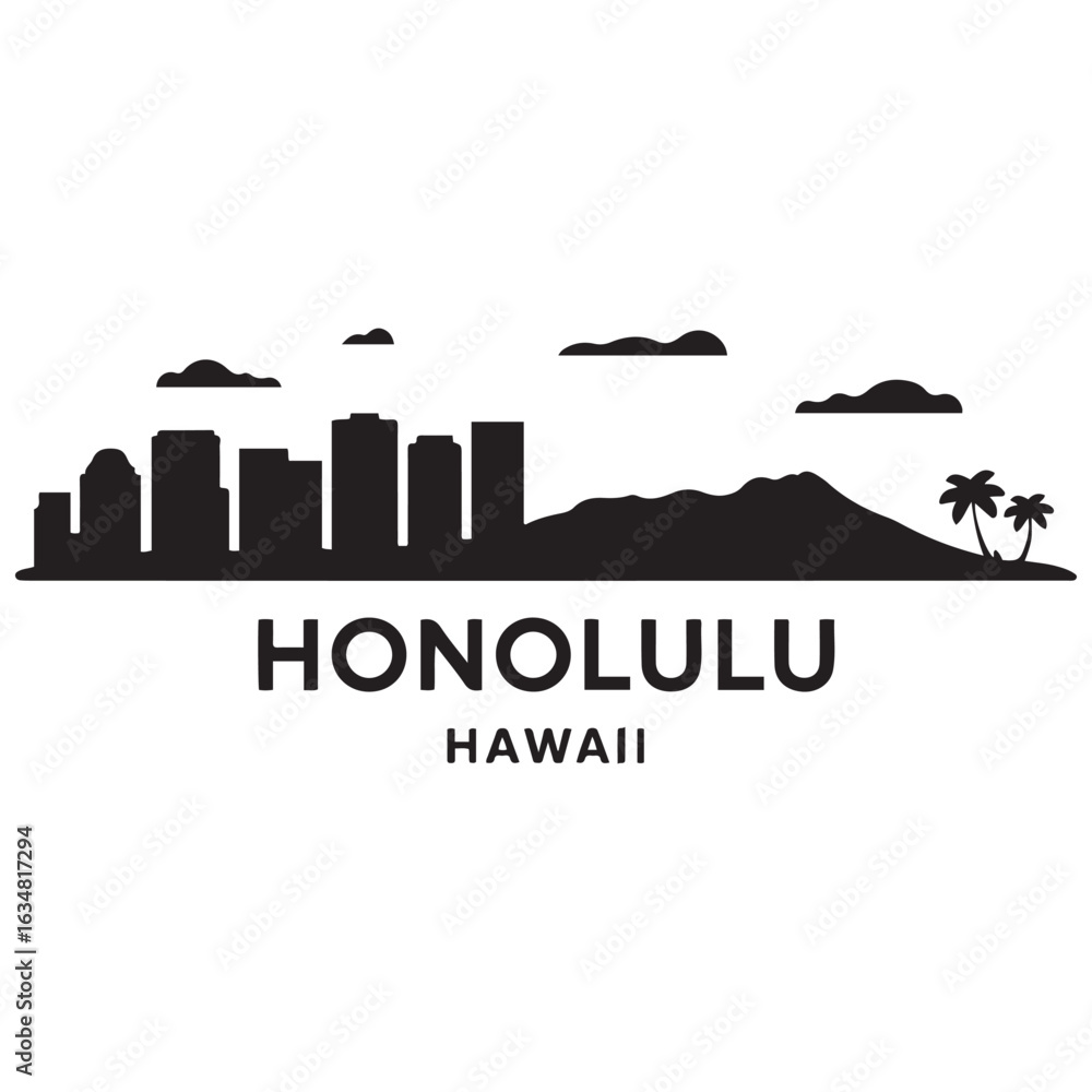 Obraz premium Honolulu skyline horizontal banner. Honolulu, Hawaii. Vector template for your design. Vector black silhouette. with white background